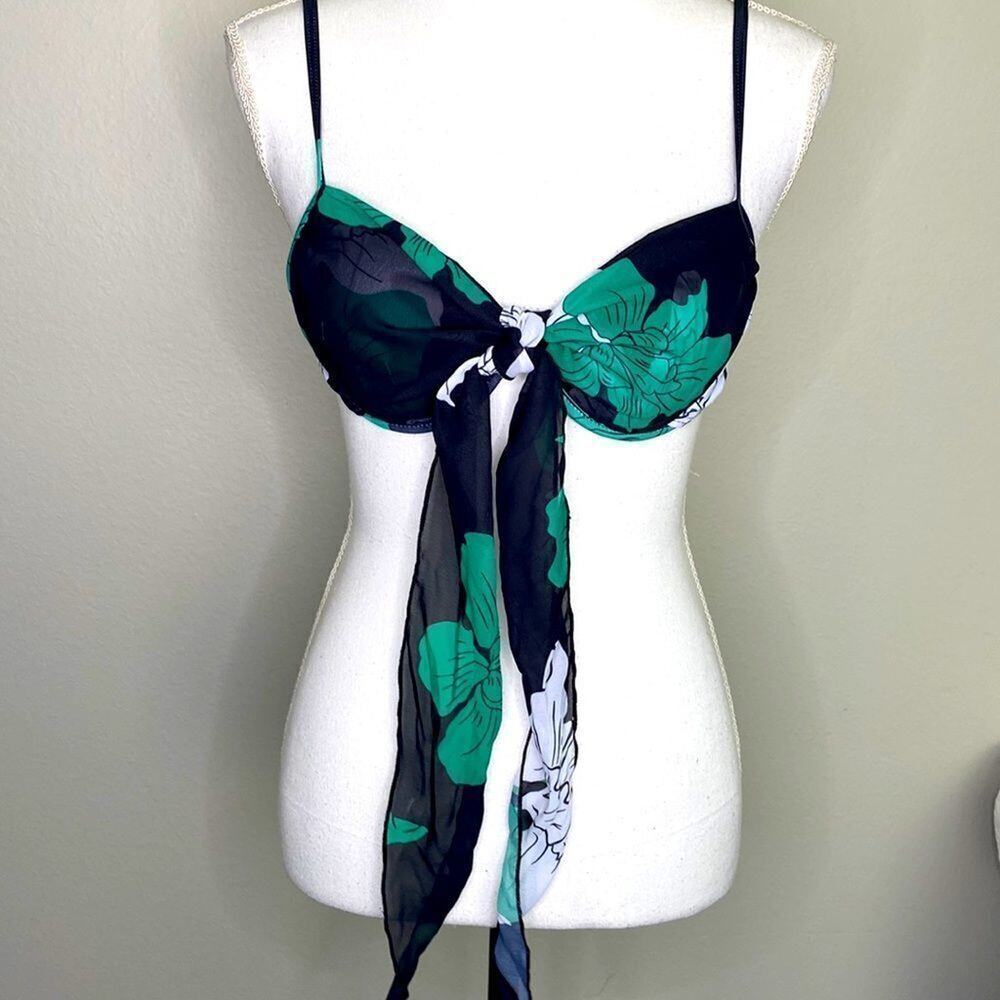 Shein Bathing Suit Top Black with Green Flowers and Sheer Tie. beautiful…